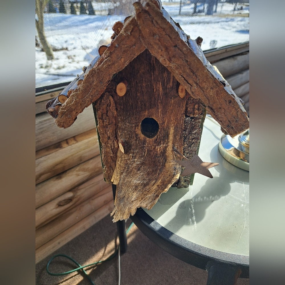 Natural Wood Birdhouse with Bark Roof